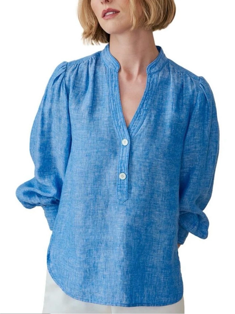 J McLaughlin Rashell Linen Blouse Blue Split V-Neck Puff Lantern Sleeve Top L
